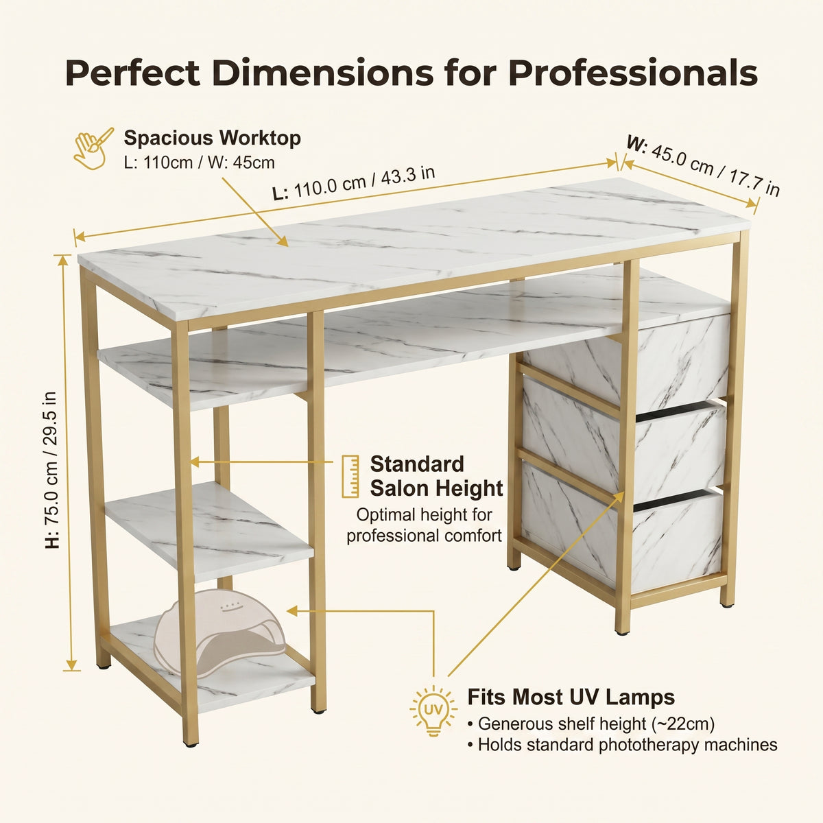 Premium Luxury White Marble & Gold Manicure Table Desk