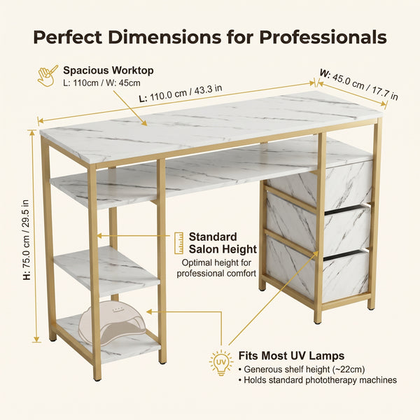 Premium Luxury White Marble & Gold Manicure Table Desk