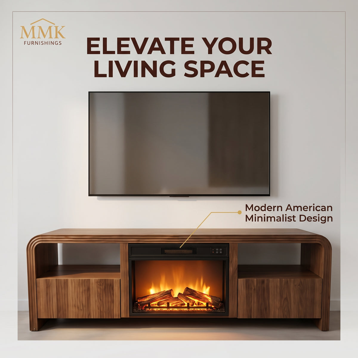 Premium Mid-Century Modern Walnut TV Stand with Built-In Electric Fireplace & Fluted Doors