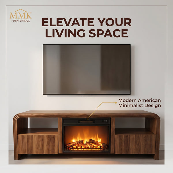 Premium Mid-Century Modern Walnut TV Stand with Built-In Electric Fireplace & Fluted Doors