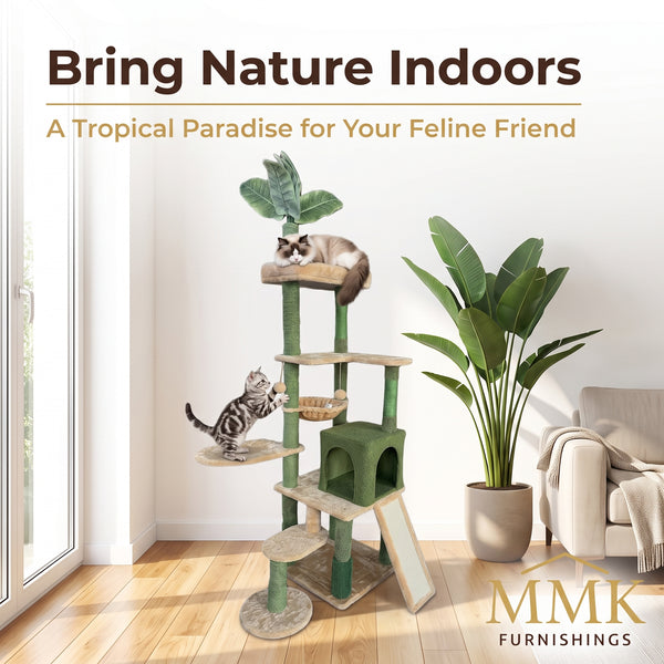 Premium Multi-Level Tropical Palm Tree Cat Tower with Teddy Fleece Condo