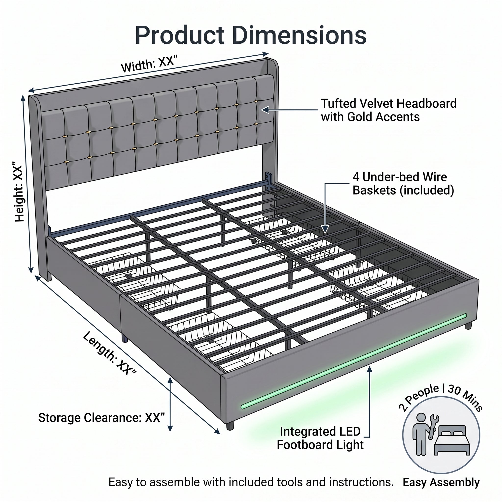 MMK Modern Velvet Bed Frame with LED & Storage Secondary image