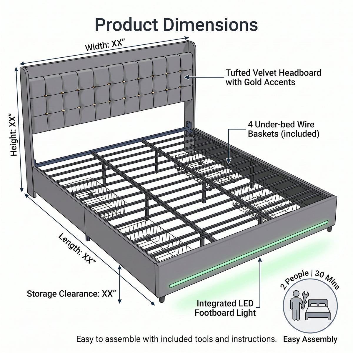 MMK Modern Velvet Bed Frame with LED & Storage