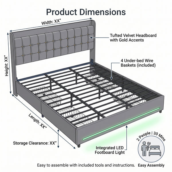 MMK Modern Velvet Bed Frame with LED & Storage