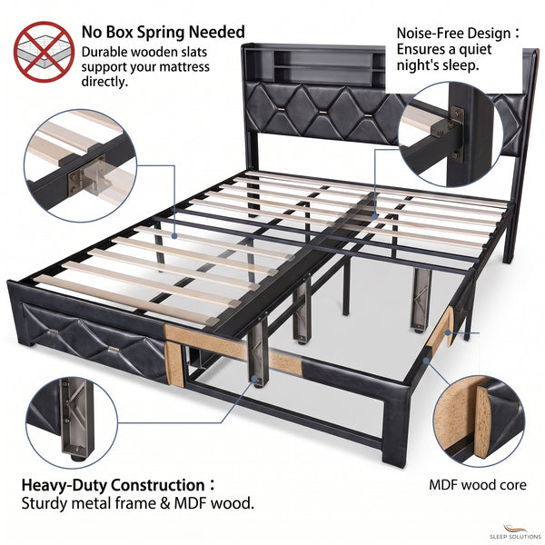 MMK FURNISHINGS Modern Diamond-Tufted PU Leather Platform Bed Frame with Storage Headboard & Under-Bed Drawers