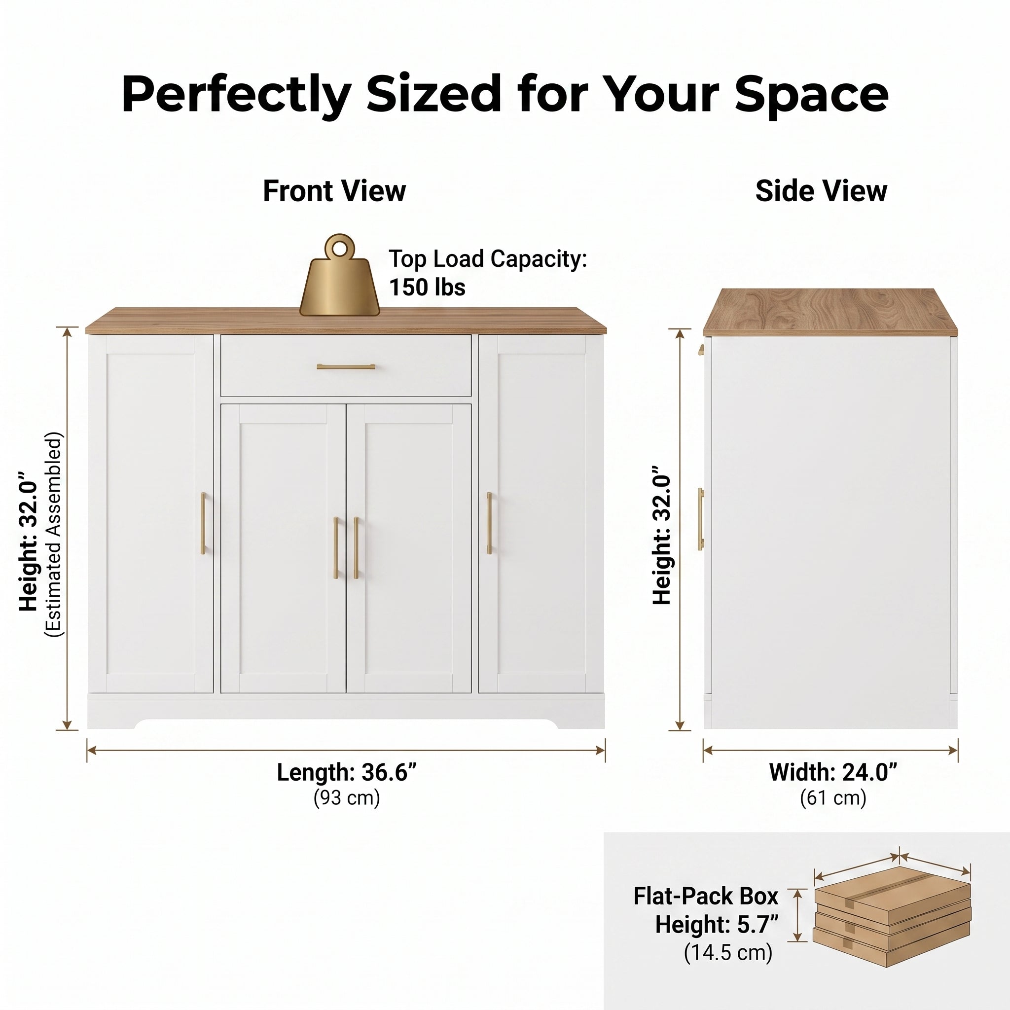 MMK FURNISHINGS Modern White Buffet Cabinet with Wood Top & Gold Hardware, Freestanding Storage Sideboard for Kitchen & Dining Room Secondary image