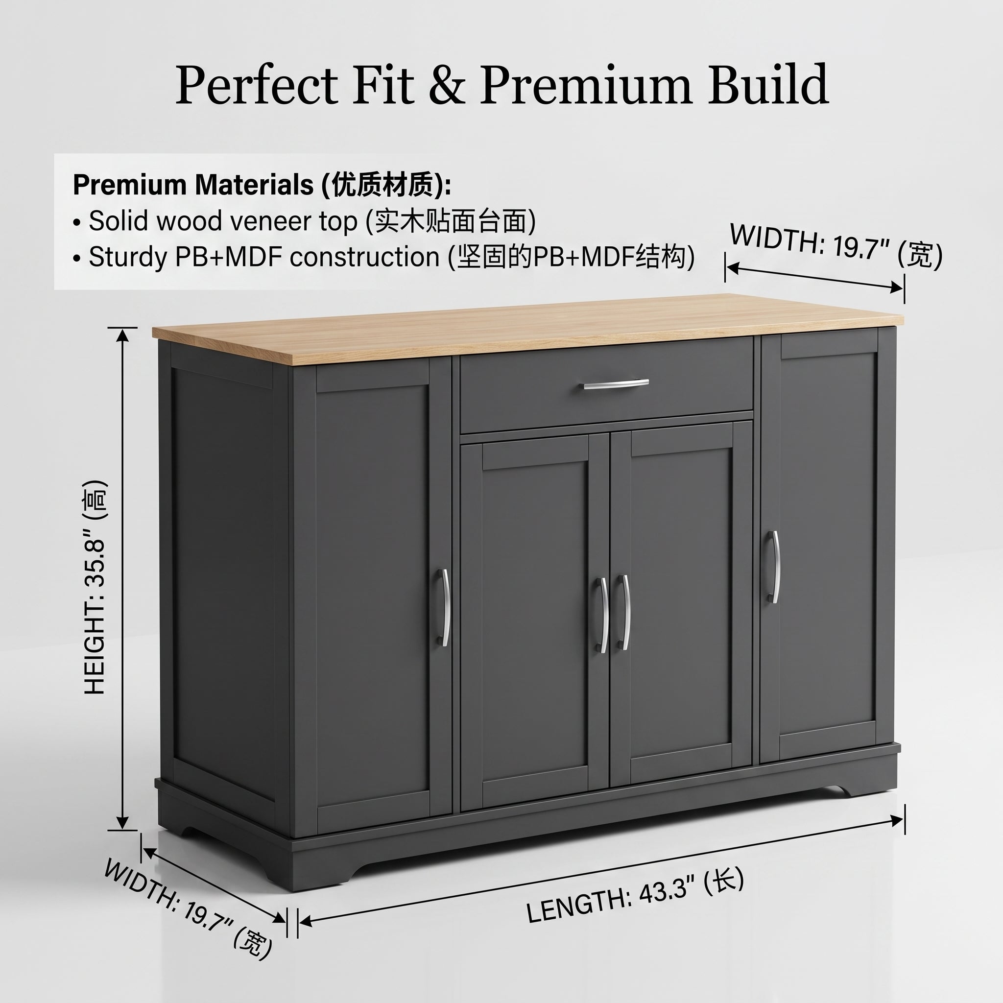 Modern Kitchen Storage Cabinet & Sideboard with Natural Wood Top - Dark Grey Secondary image