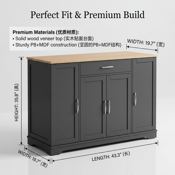 Modern Kitchen Storage Cabinet & Sideboard with Natural Wood Top - Dark Grey