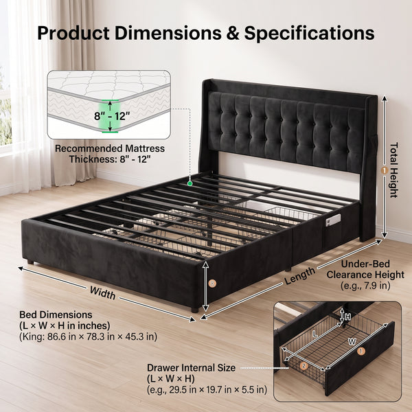 Modern Black Velvet Upholstered Platform Bed Frame with Tufted Headboard & Storage Drawers
