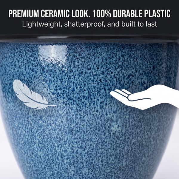 Premium 15.7" Round Plastic Planter – Blue Glaze Faux Ceramic Finish