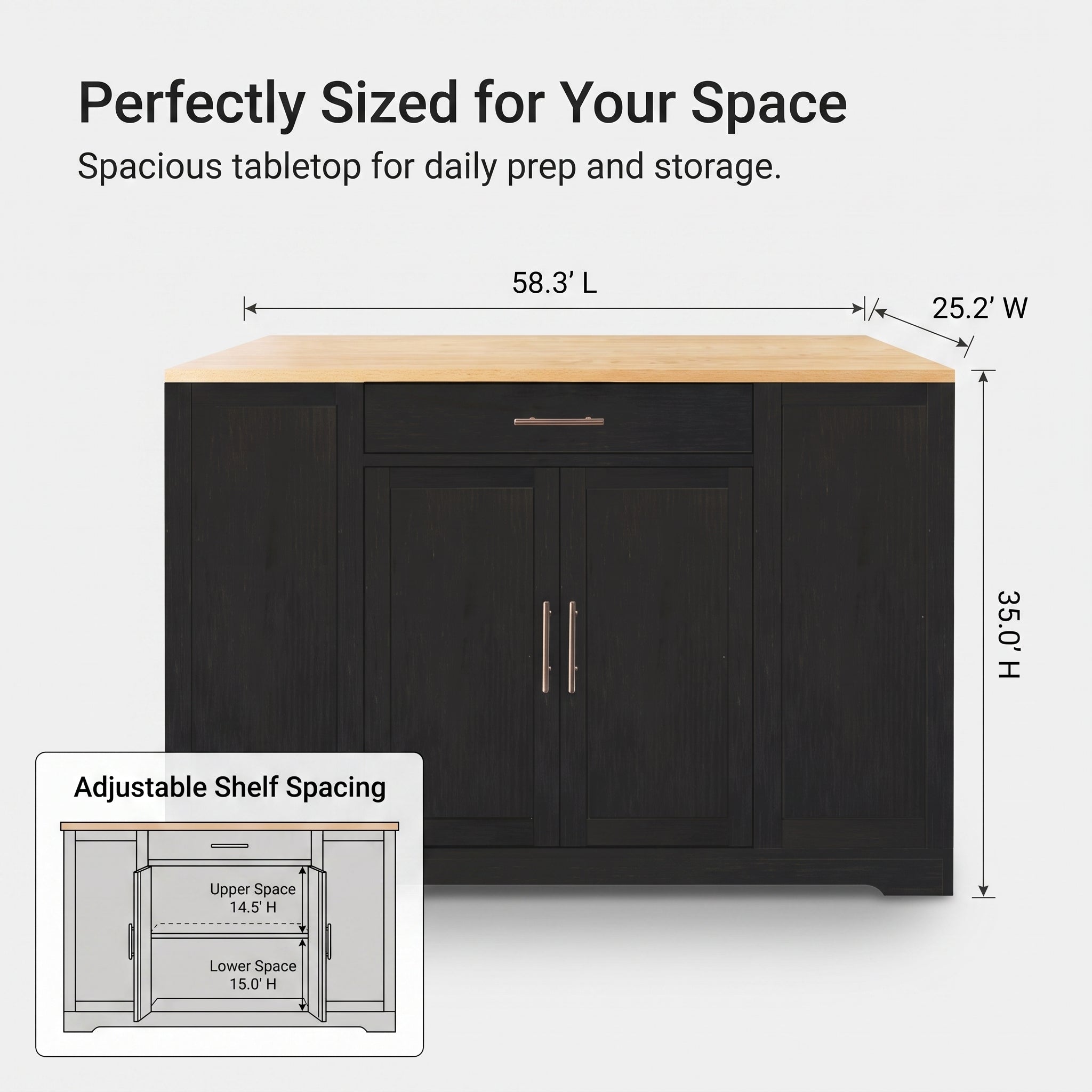 Black Sideboard Buffet Cabinet with Natural Wood-Grain Top and Silver Handles Secondary image