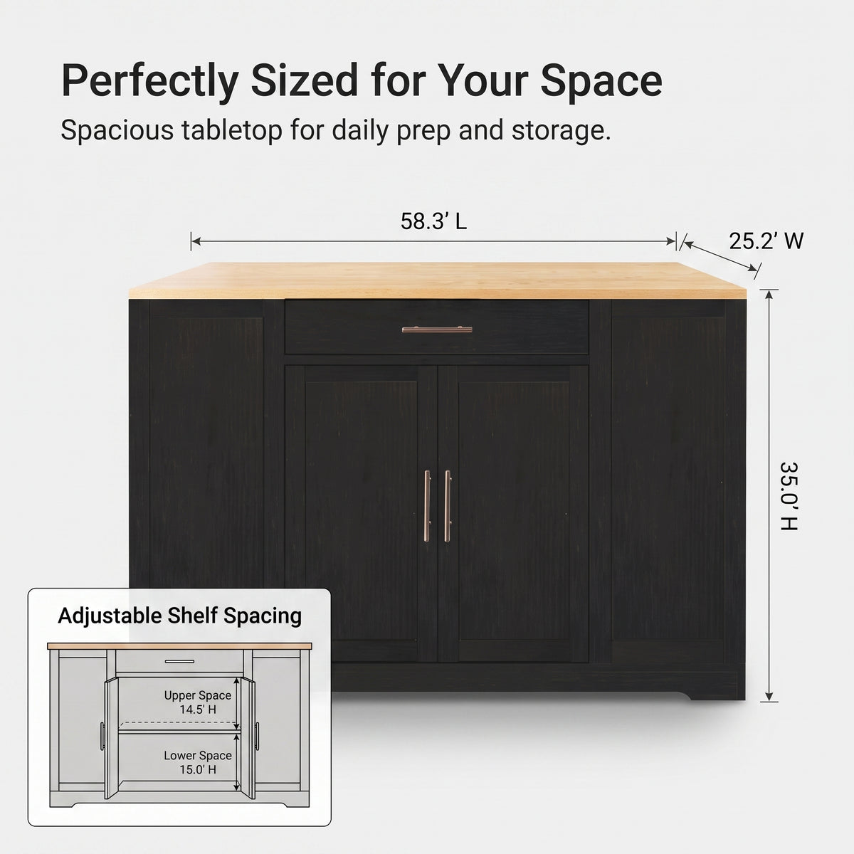 Black Sideboard Buffet Cabinet with Natural Wood-Grain Top and Silver Handles