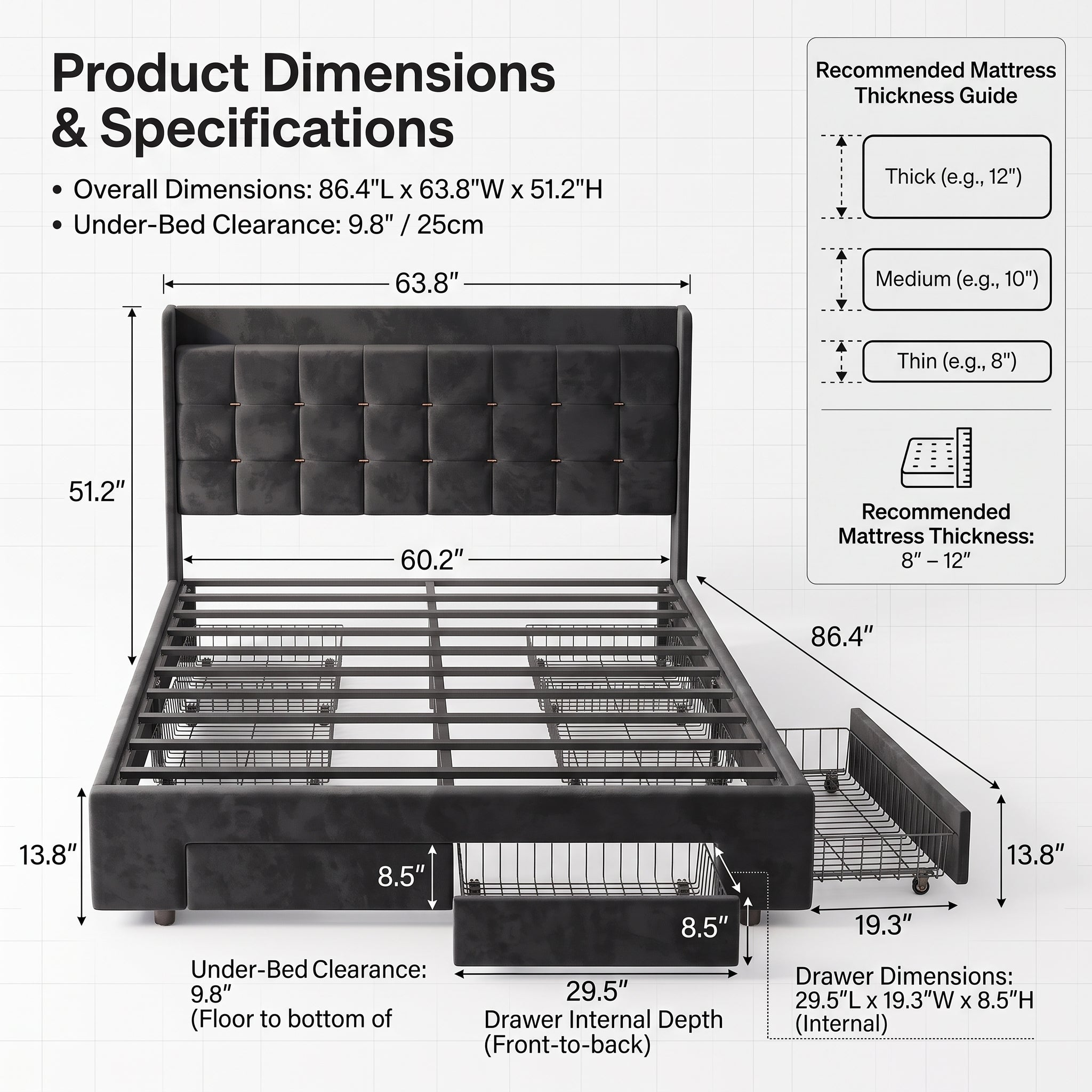 MMK FURNISHINGS Modern Upholstered Platform Bed Frame with 4 Storage Drawers, Geometric Tufted Velvet Headboard & Steel Slat Support, No Box Spring Needed Secondary image