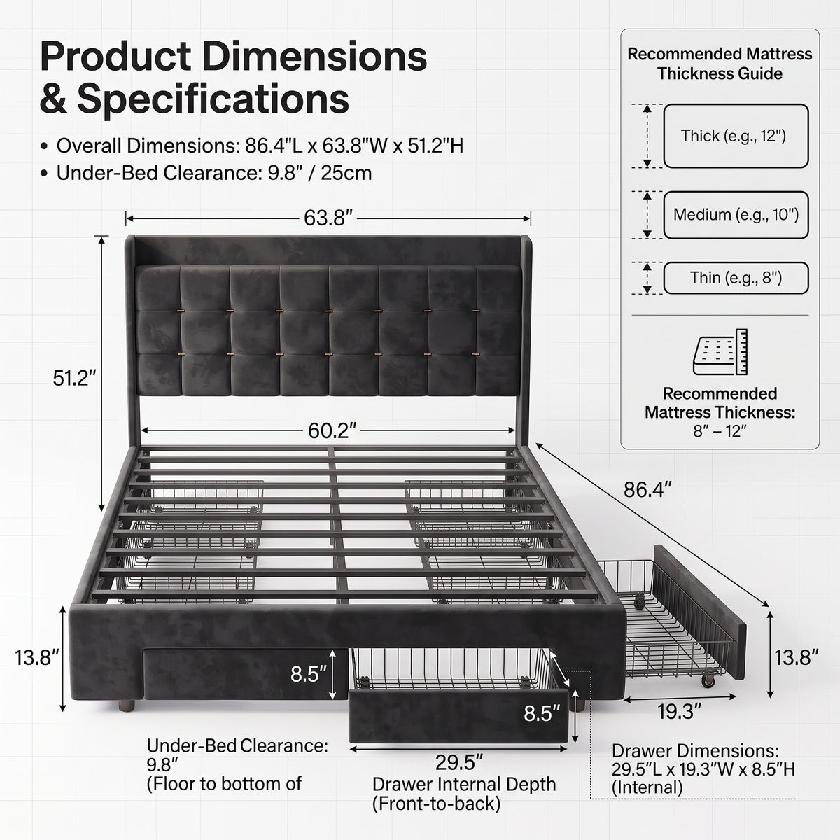 MMK FURNISHINGS Modern Upholstered Platform Bed Frame with 4 Storage Drawers, Geometric Tufted Velvet Headboard & Steel Slat Support, No Box Spring Needed