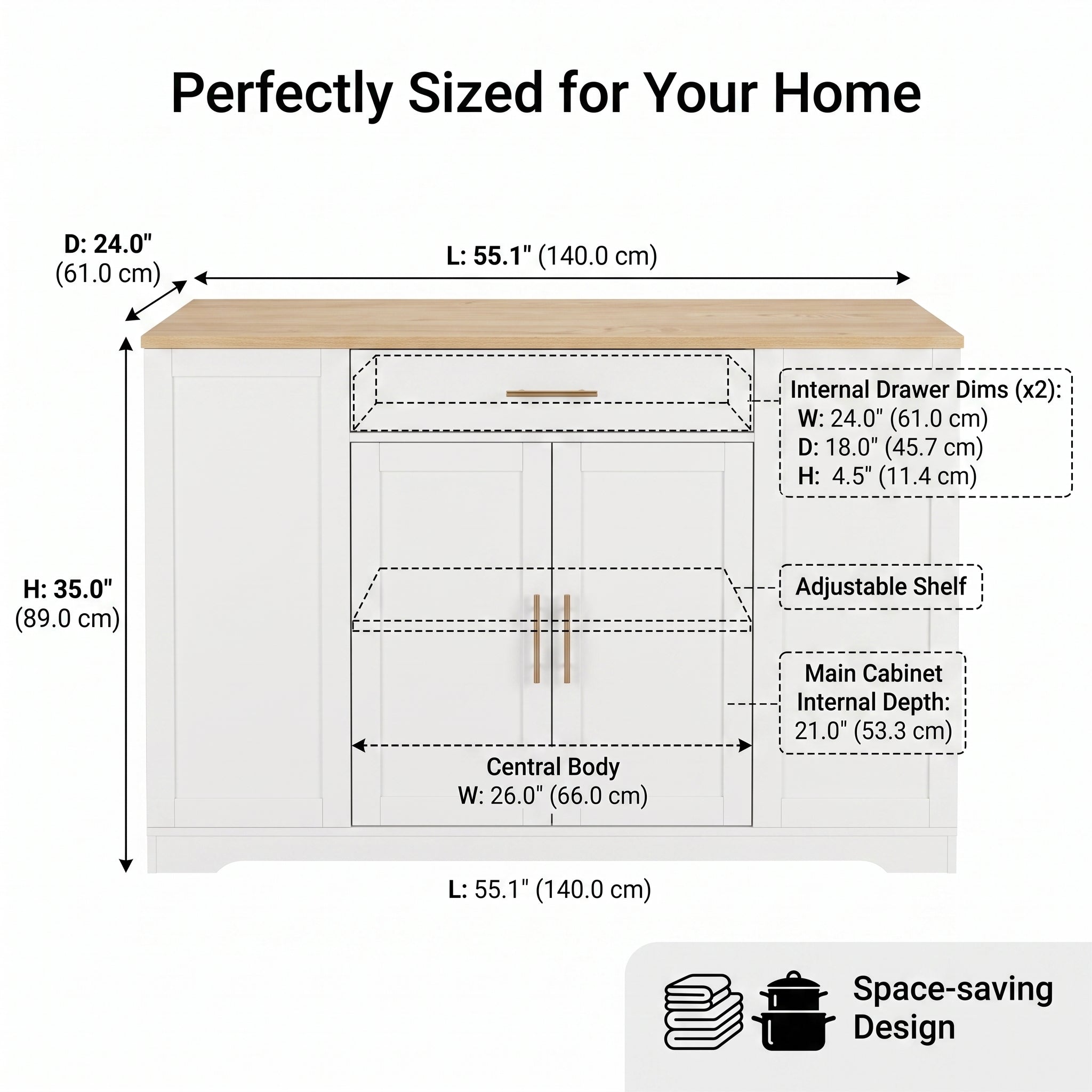MMK Furnishings Modern Farmhouse White Sideboard Buffet Cabinet with Wood Grain Top & Gold Handles Secondary image