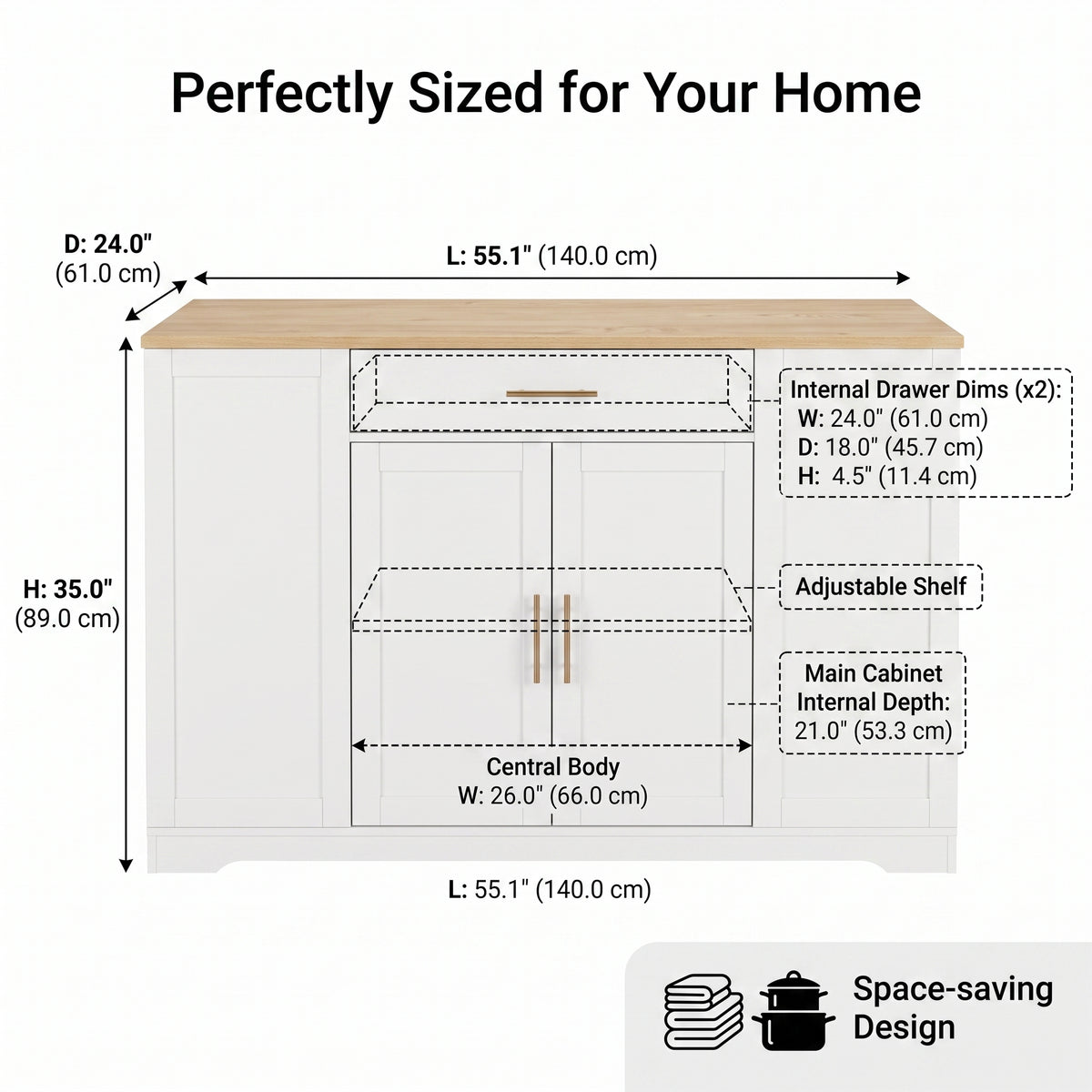 MMK Furnishings Modern Farmhouse White Sideboard Buffet Cabinet with Wood Grain Top & Gold Handles