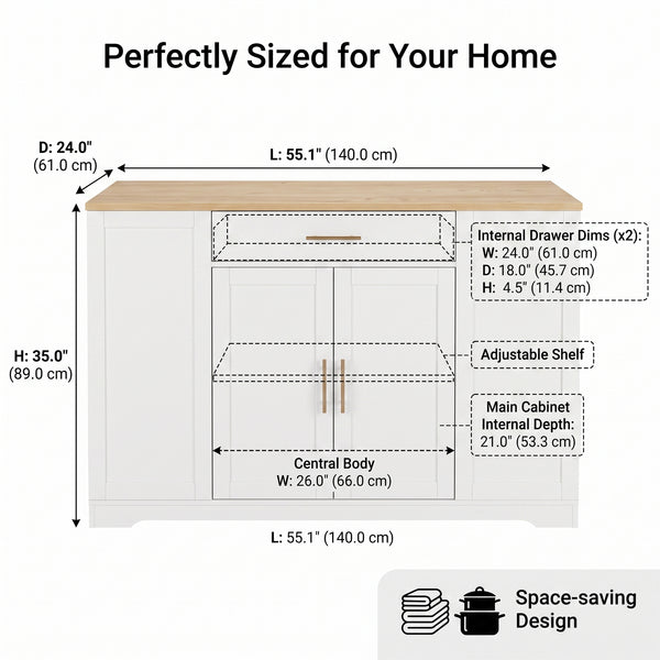 MMK Furnishings Modern Farmhouse White Sideboard Buffet Cabinet with Wood Grain Top & Gold Handles