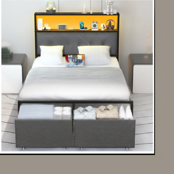 Full Size Upholstered Platform Bed Frame with LED Lights, Storage Headboard & Charging Station