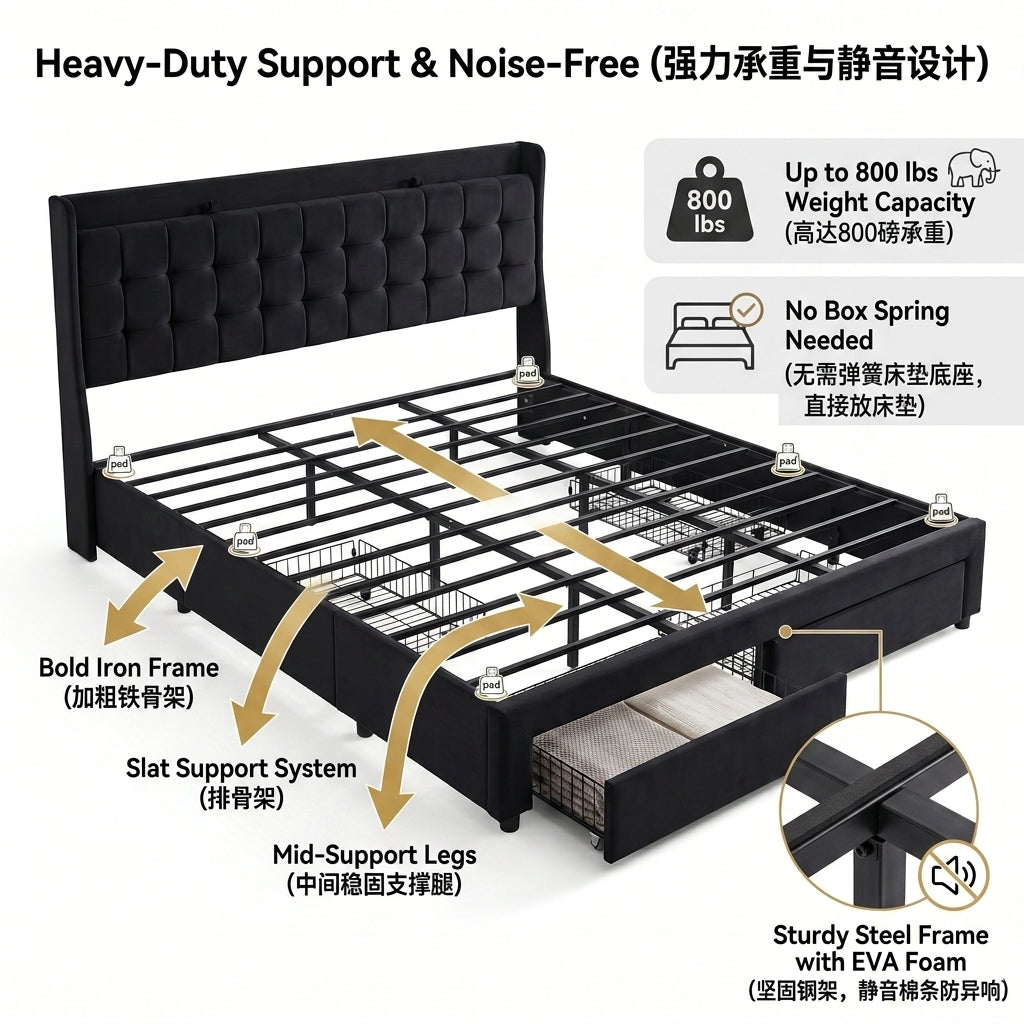 Premium Black Velvet Upholstered Platform Bed Frame with 4 Storage Drawers & Tufted Headboard