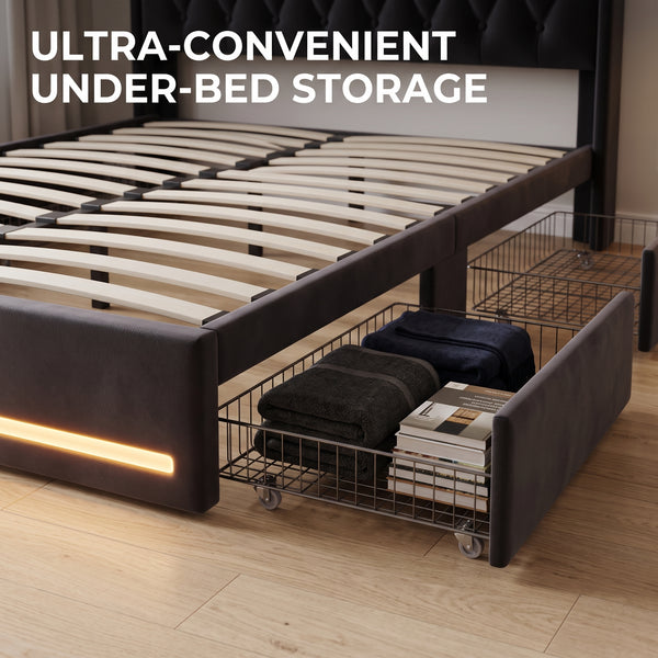Luxurious Velvet Upholstered Platform Bed Frame with LED Lighting, Tufted Headboard, and Storage Drawers