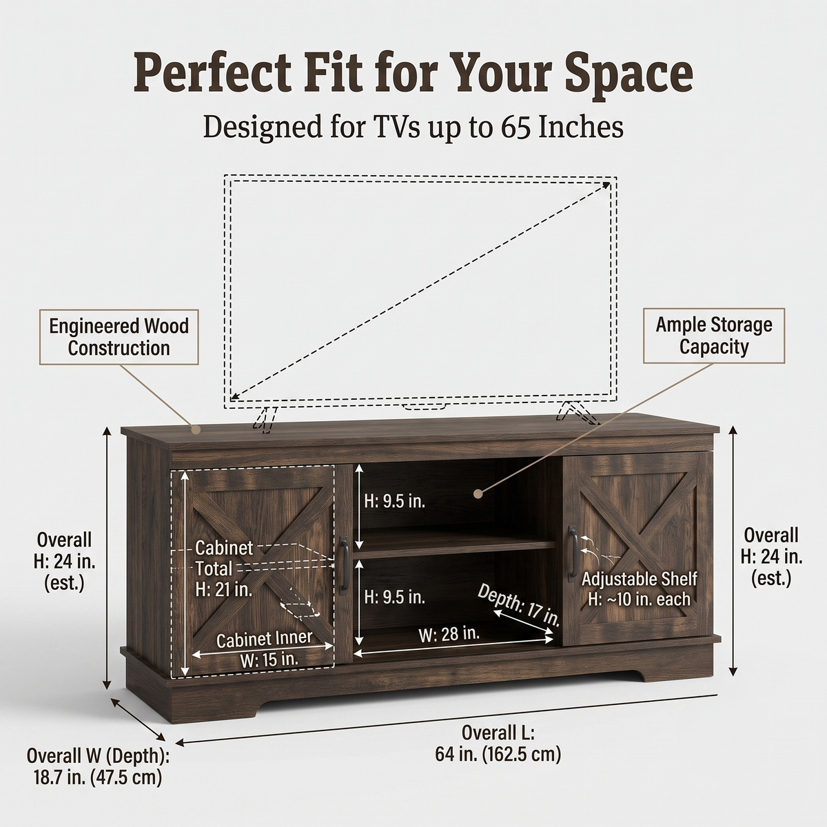 MMK FURNISHINGS Rustic Farmhouse Wood TV Stand with X-Pattern Cabinets & Open Shelves