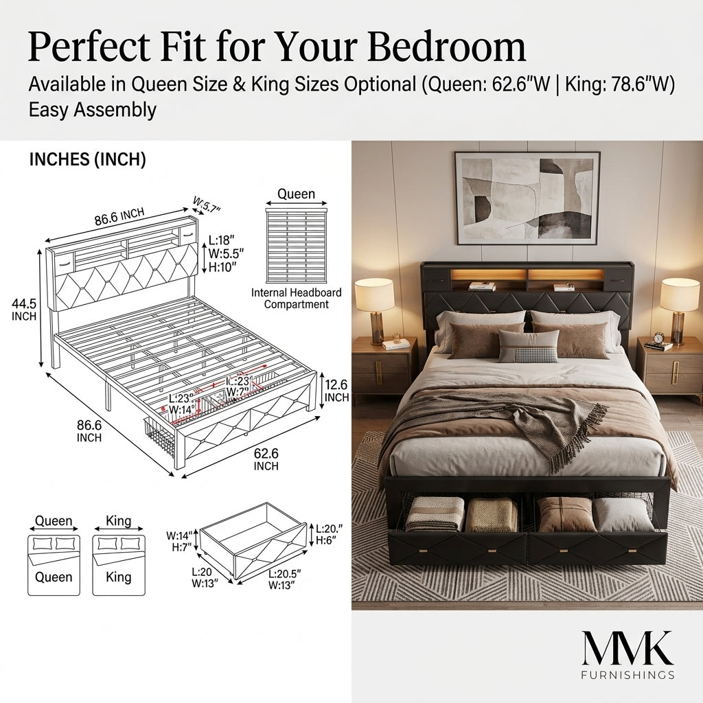 MMK FURNISHINGS Modern Upholstered Platform Bed Frame with LED Lights & Storage Drawers, Faux Leather Tufted Headboard, No Box Spring Needed, Black Secondary image