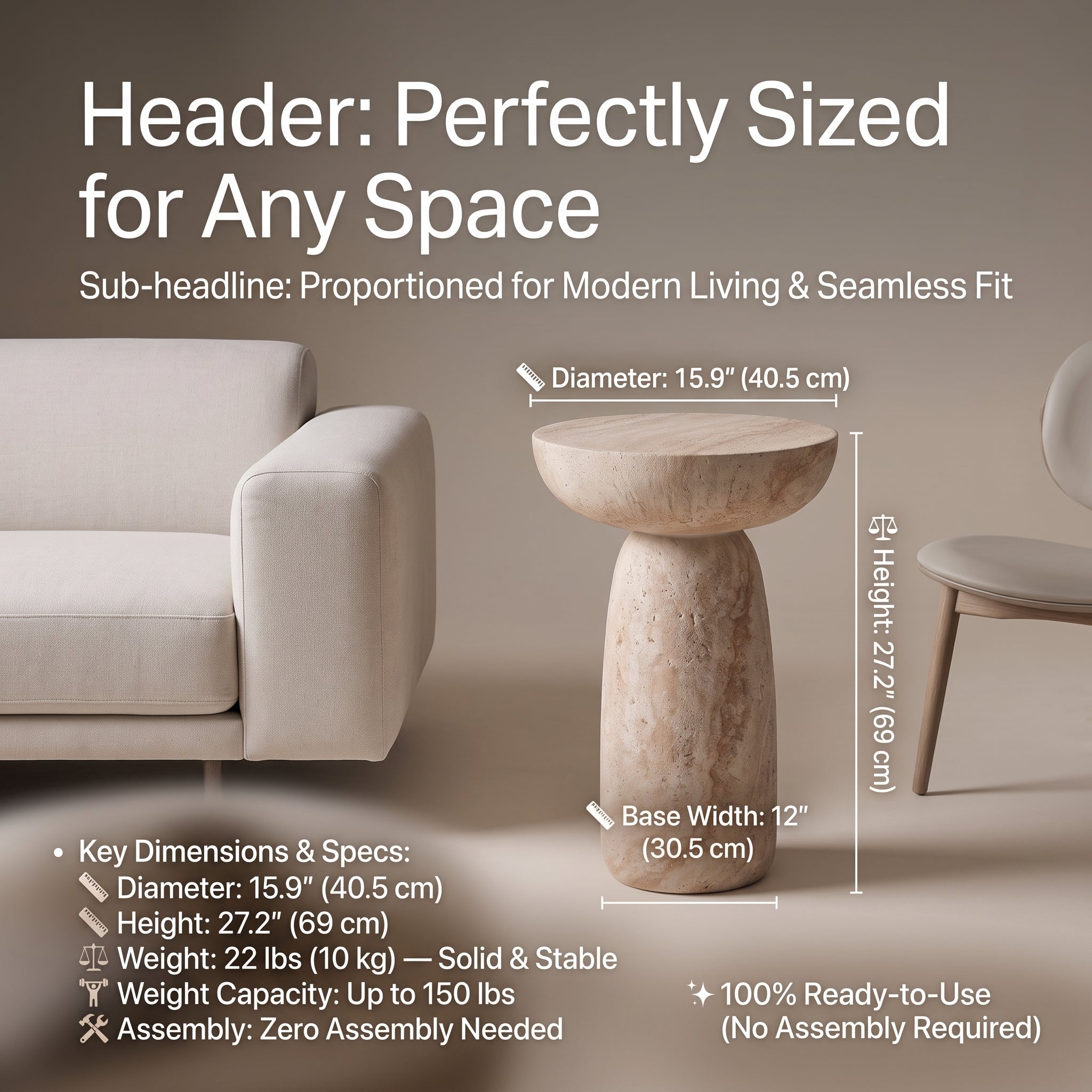 MMK FURNISHINGS 27" Modern Travertine End Table for Indoor & Outdoor