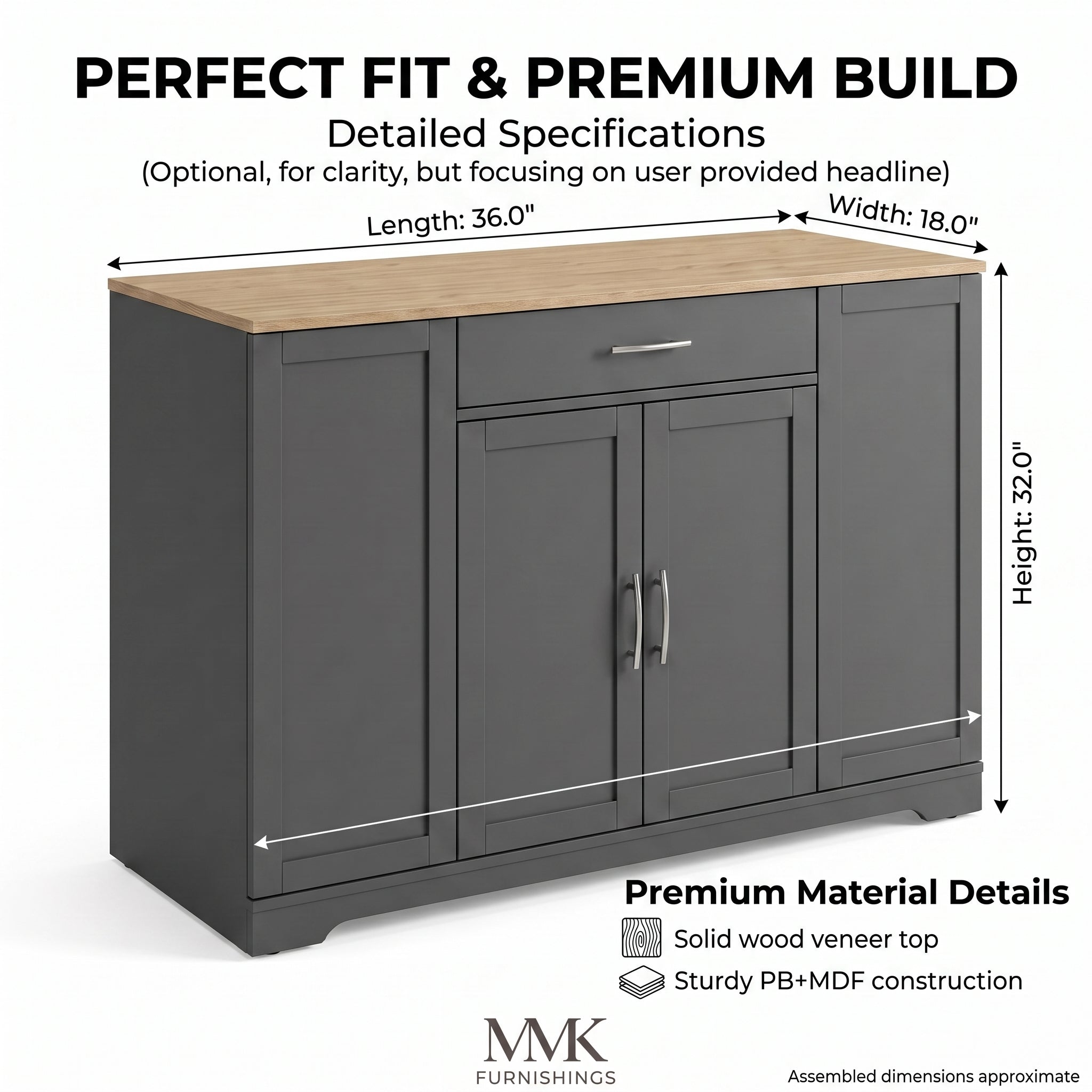 MMK FURNISHINGS Modern Grey Wooden Sideboard & Storage Cabinet with Natural Wood Top Secondary image