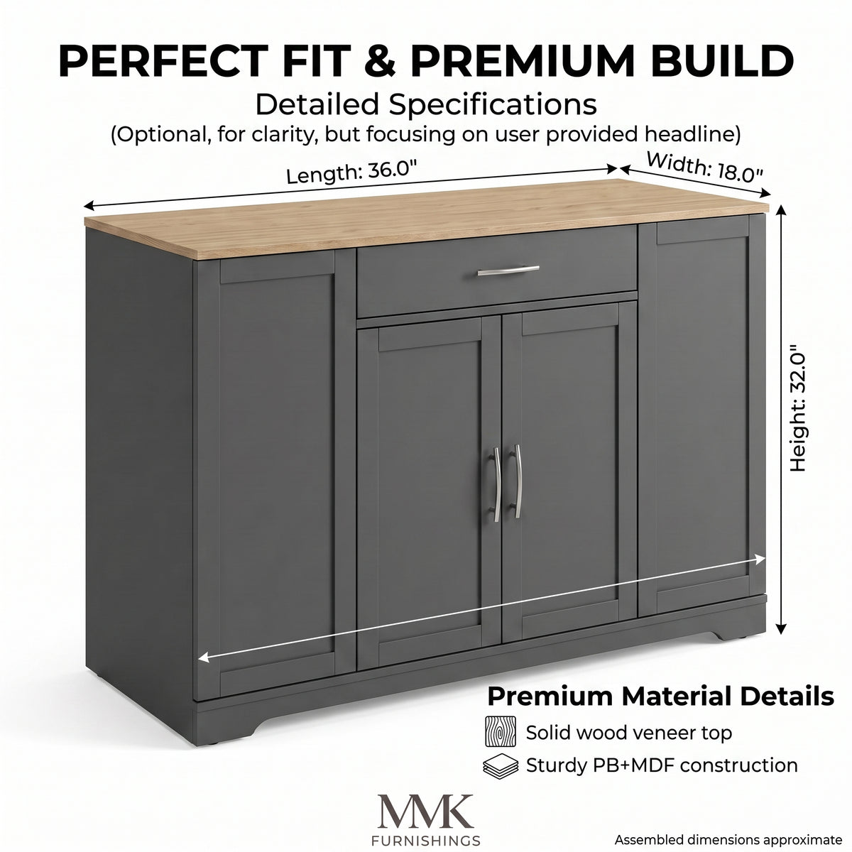 MMK FURNISHINGS Modern Grey Wooden Sideboard & Storage Cabinet with Natural Wood Top