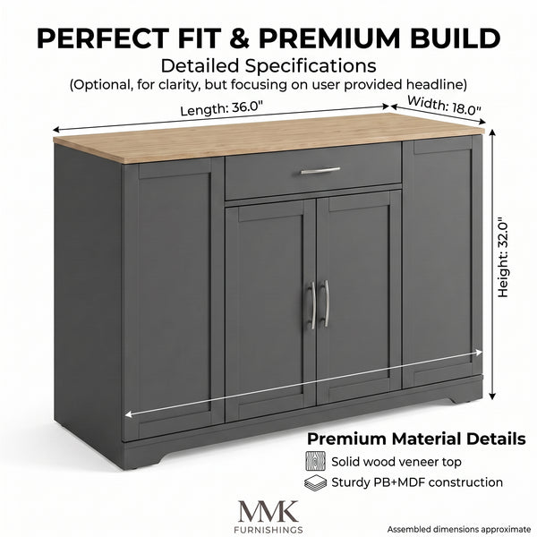 MMK FURNISHINGS Modern Grey Wooden Sideboard & Storage Cabinet with Natural Wood Top