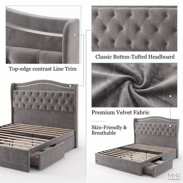 Luxury Tufted Velvet Upholstered Platform Bed Frame with Storage Drawer - Grey