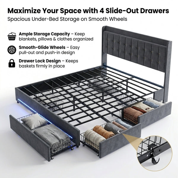 MMK FURNISHINGS Modern Velvet Upholstered Platform Bed Frame with Smart RGB LED Lights & 4 Storage Drawers, Heavy-Duty Steel Slat Support, No Box Spring Needed