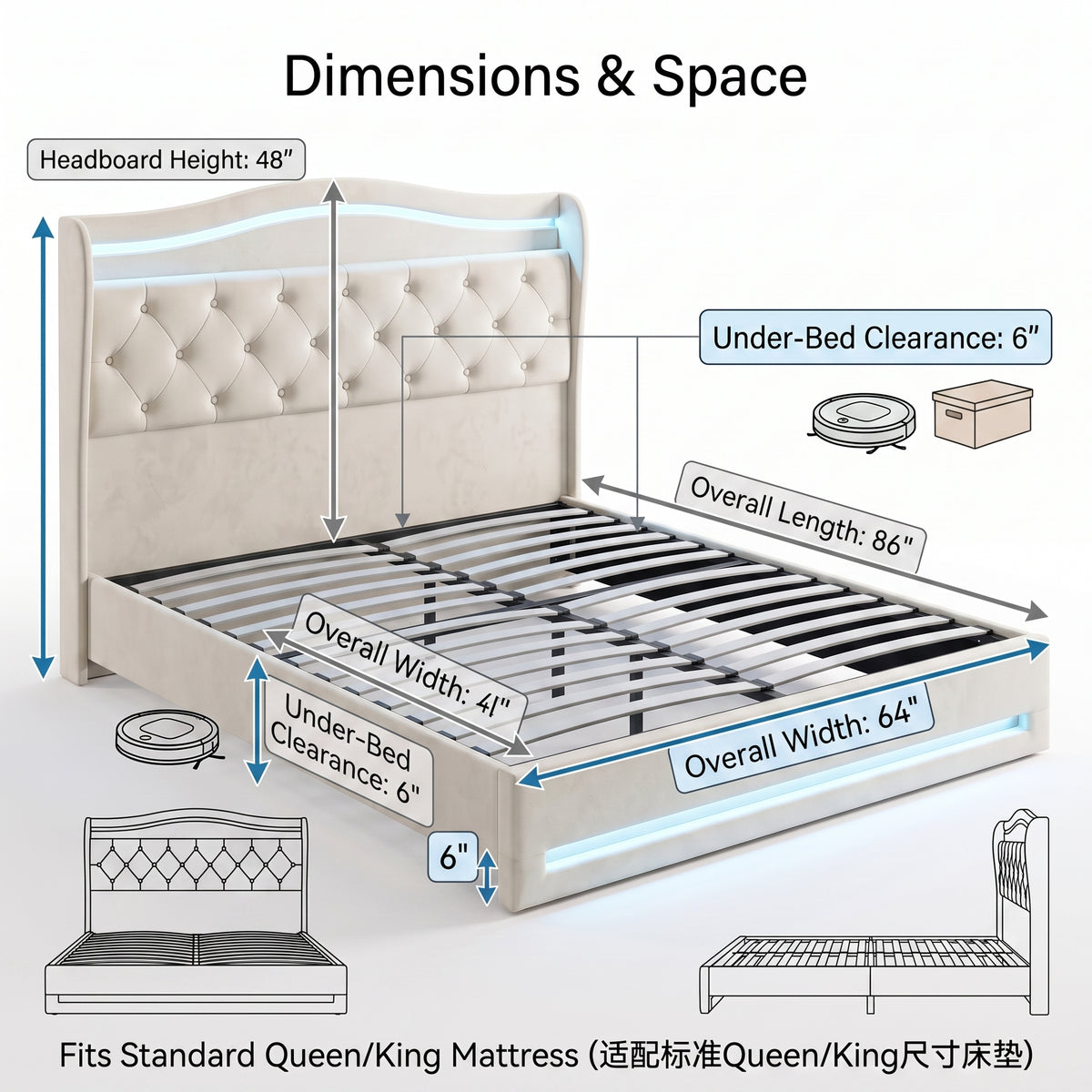 MMK FURNISHINGS Modern Upholstered Velvet Platform Bed Frame with LED Lights & Button-Tufted Headboard