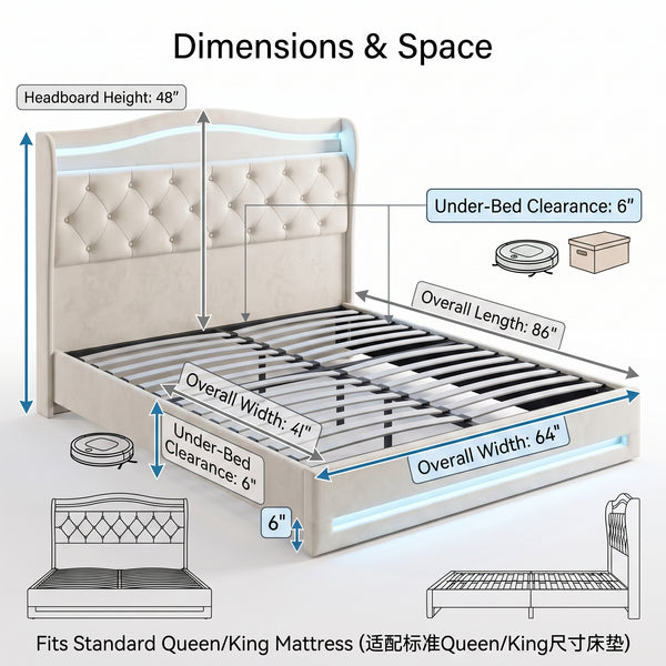 MMK FURNISHINGS Modern Upholstered Velvet Platform Bed Frame with LED Lights & Button-Tufted Headboard
