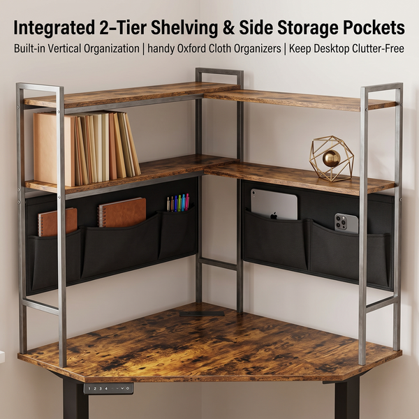 L-Shaped Electric Sit-Stand Corner Desk with Integrated Shelves & Fabric Storage Pockets