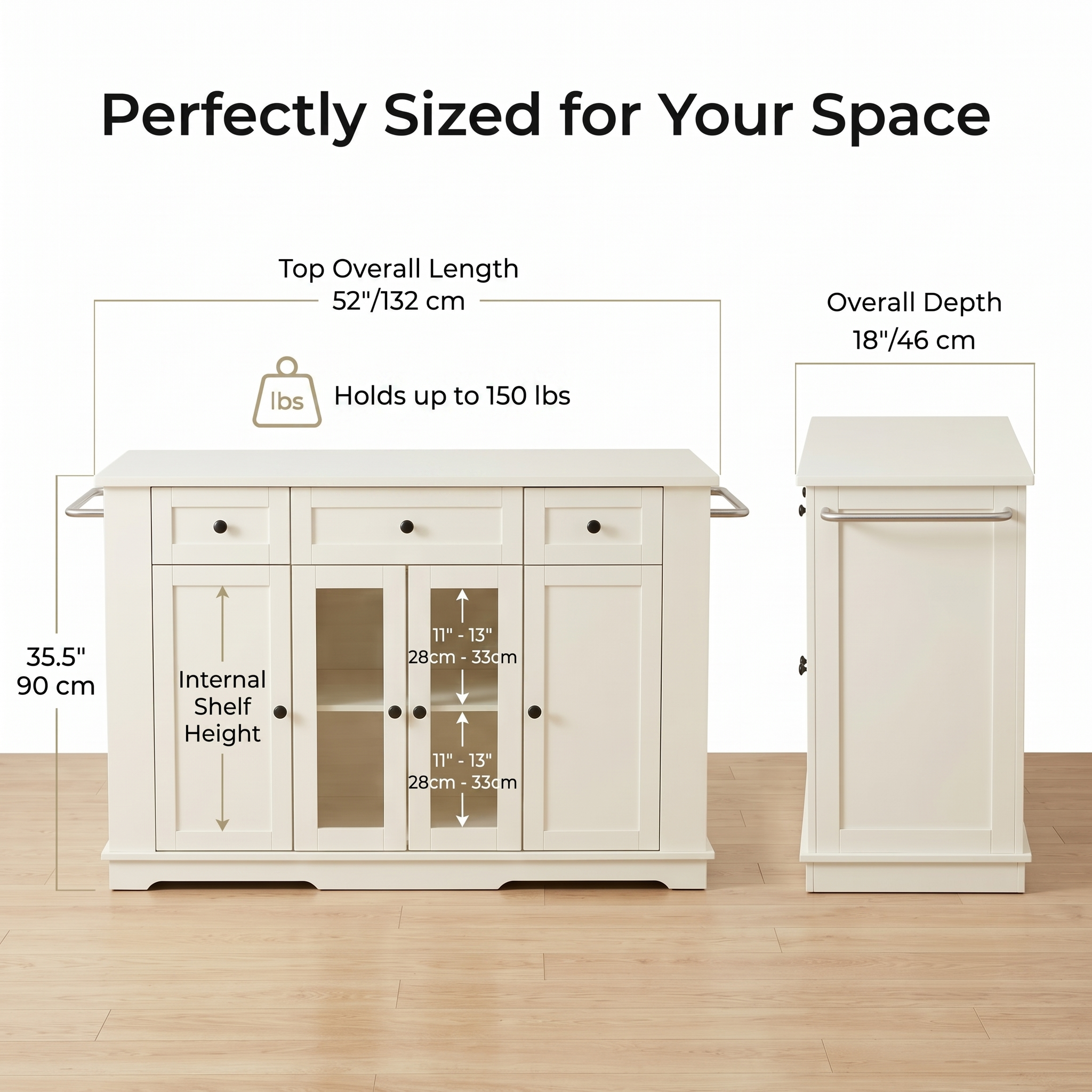 Premium Large White Kitchen Island & Buffet Sideboard with Glass Display Doors