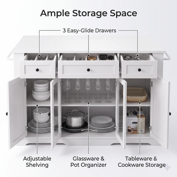 Premium Modern White Kitchen Island & Storage Sideboard with Glass Display Doors
