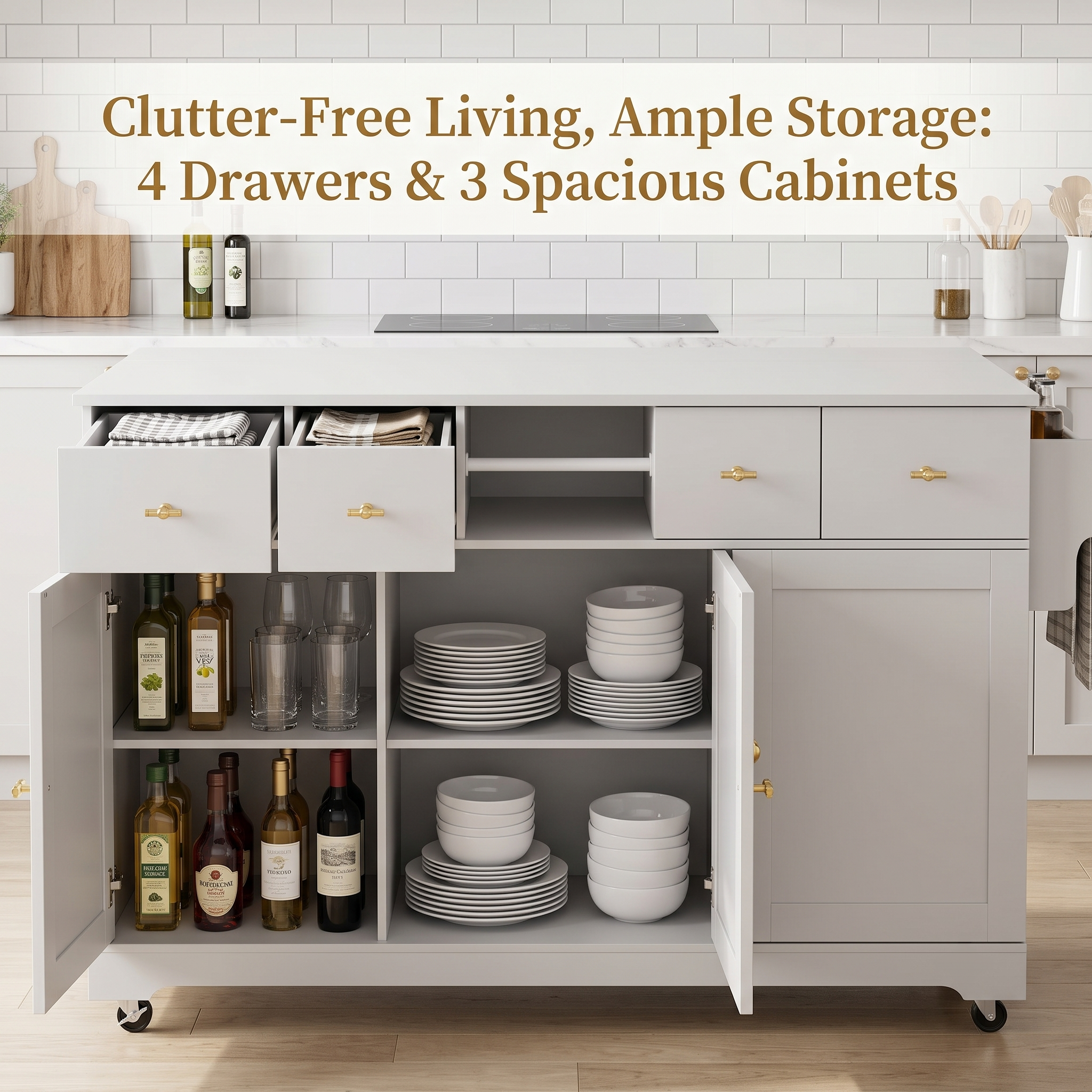 Premium Modern White Storage Cabinet & Kitchen Buffet Sideboard with Gold Hardware