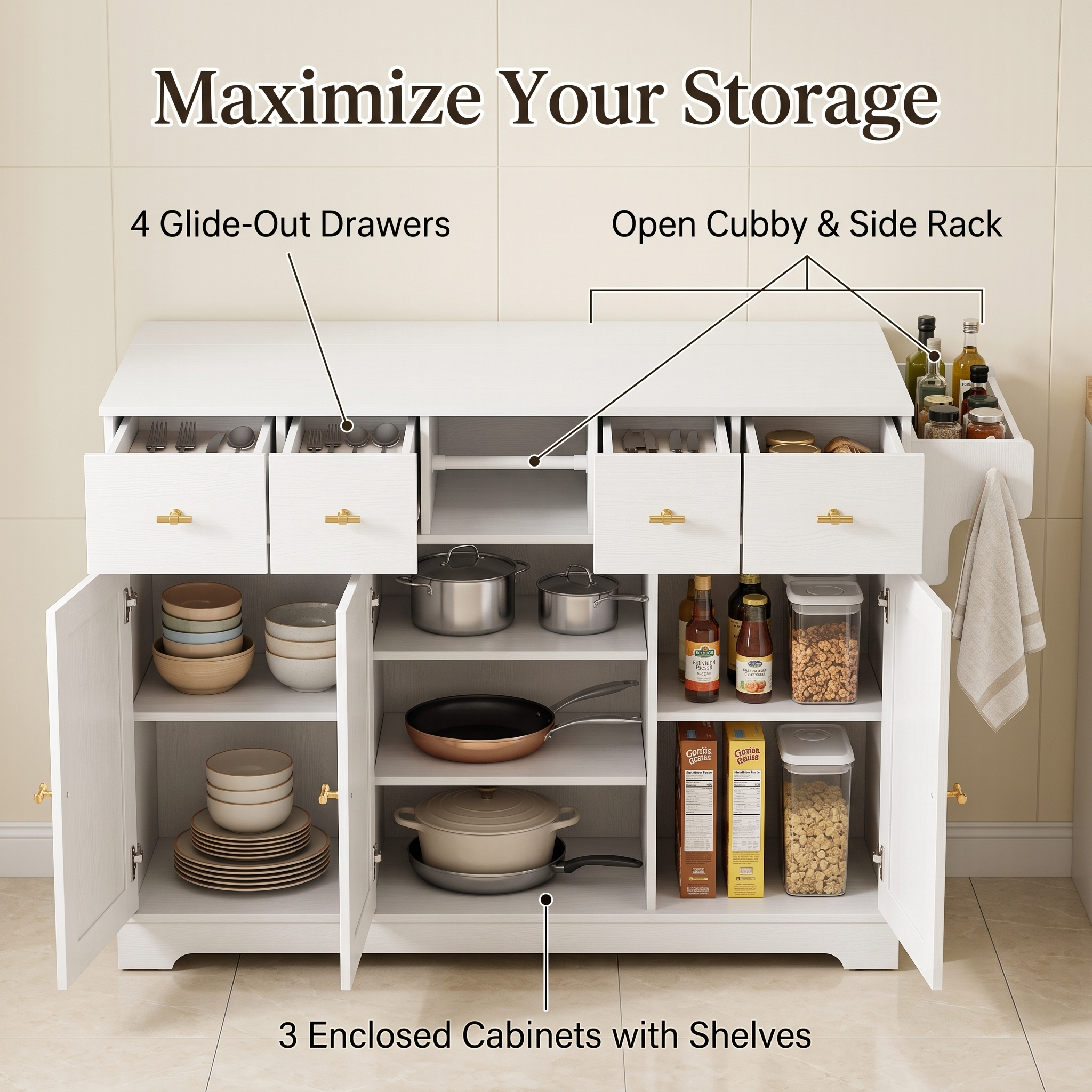 Premium Modern White Storage Cabinet & Kitchen Sideboard with Expandable Drop Leaf