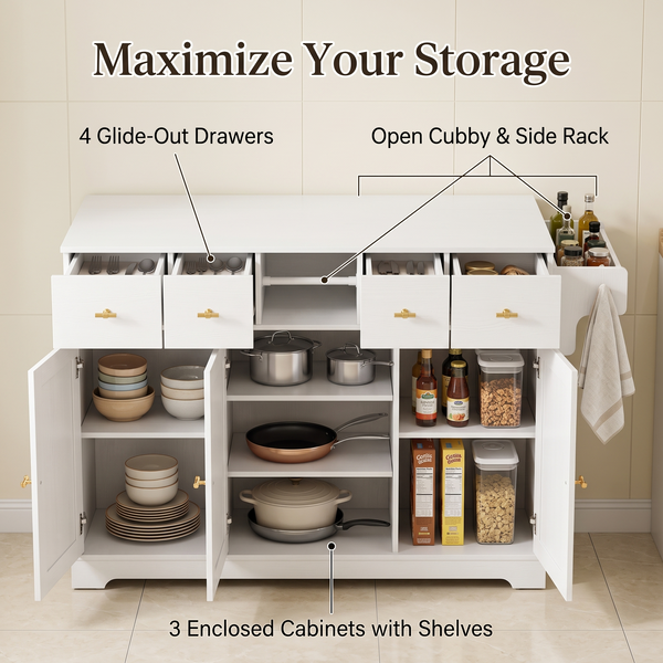 Premium Modern White Storage Cabinet & Kitchen Sideboard with Expandable Drop Leaf