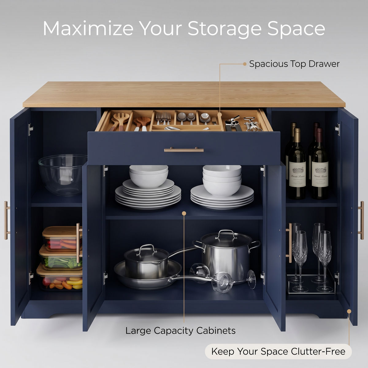 Premium Modern Navy Blue Storage Cabinet & Kitchen Sideboard with Gold Hardware