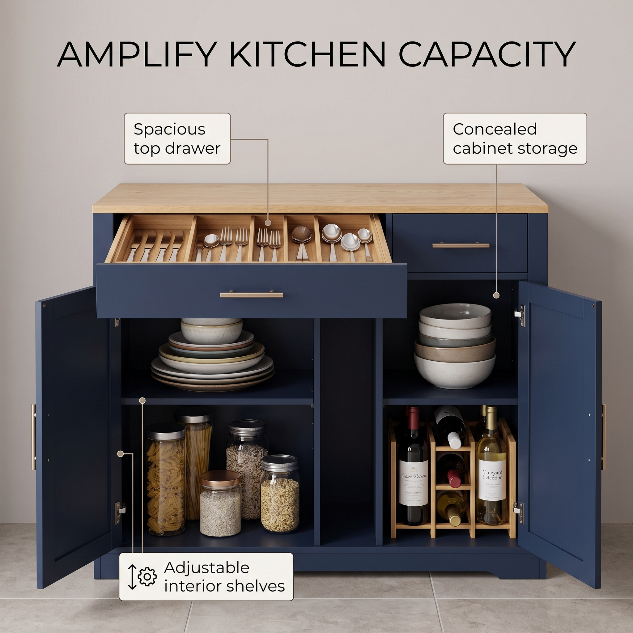 Premium Compact Modern Navy Blue Storage Cabinet & Kitchen Buffet with Gold Hardware