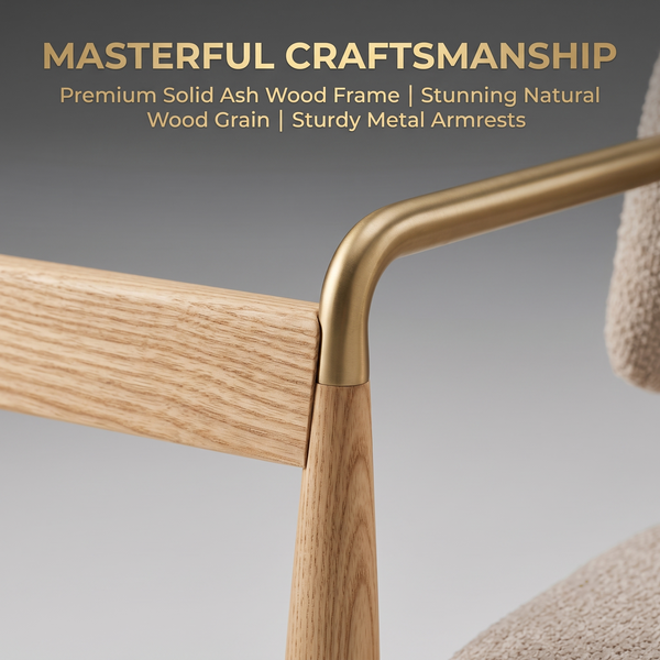 Premium Mid-Century Modern Dining Chair with Solid Ash Wood & Brass-Tone Metal