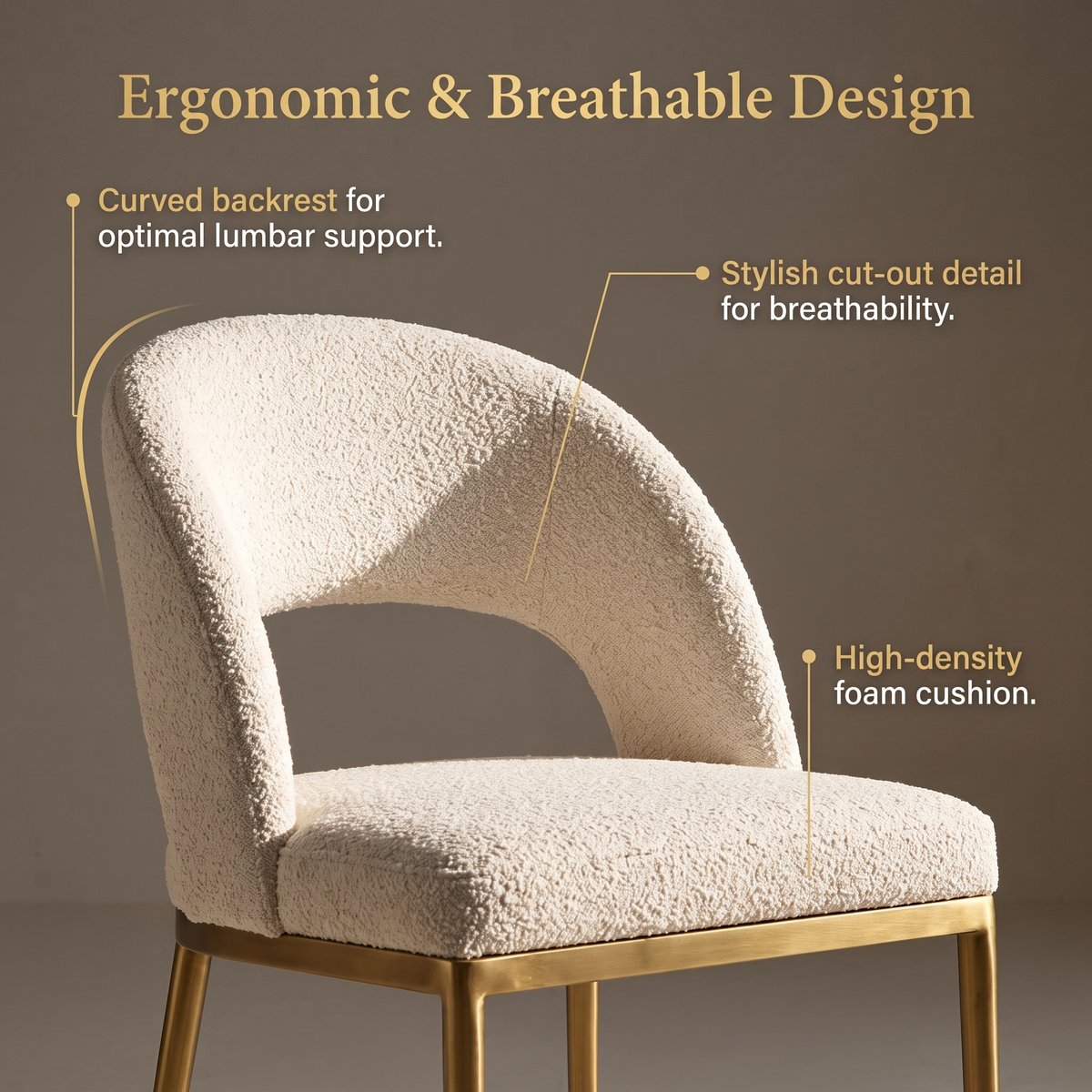 Premium Modern Upholstered Dining Chairs with Curved Cutout Back & Forged Gold Legs (Set of 2)
