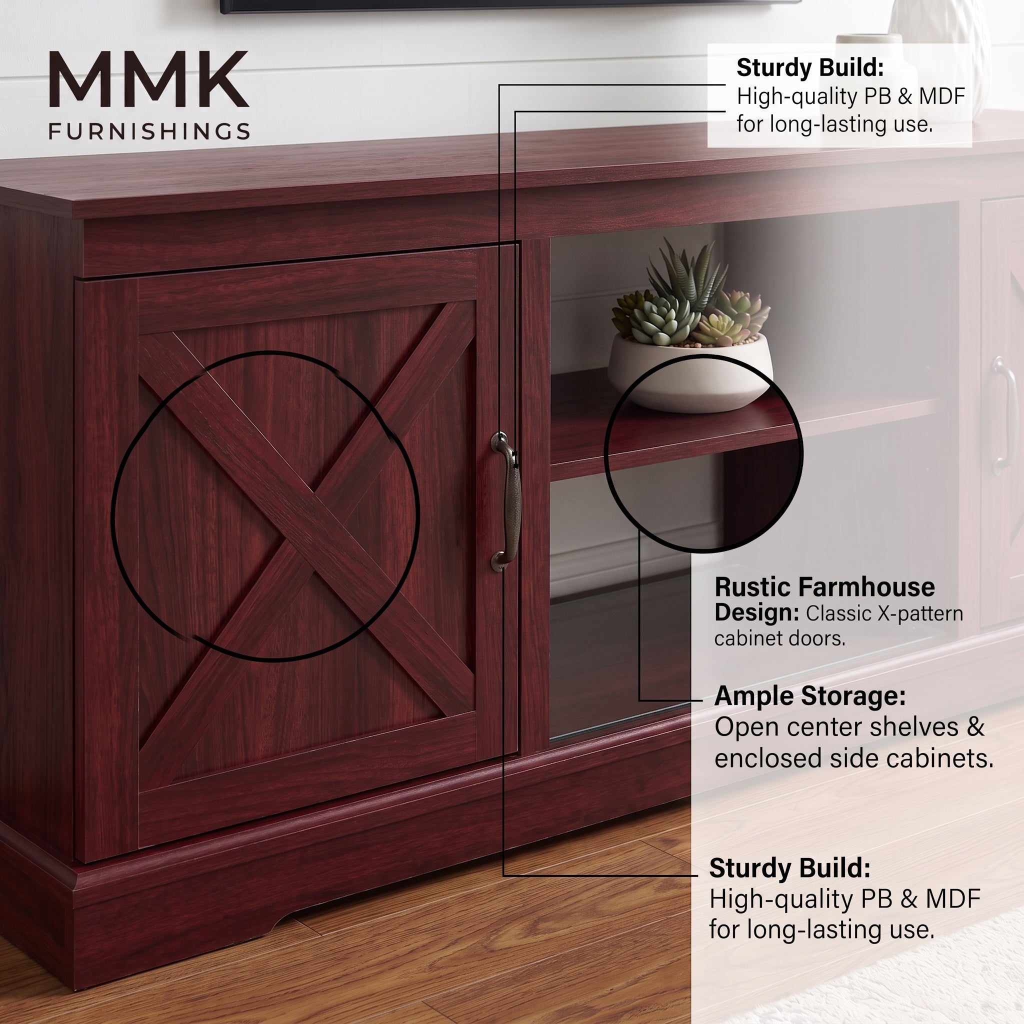 MMK FURNISHINGS Rustic Farmhouse TV Stand with Barn Door Cabinets