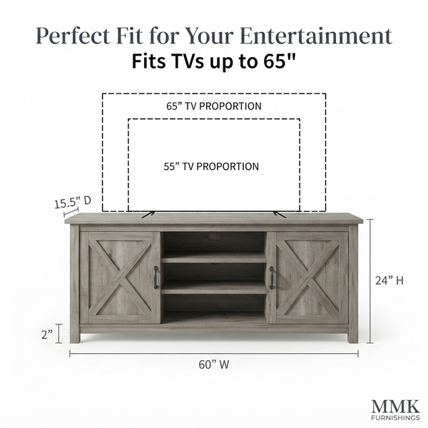 MMK FURNISHINGS Modern Farmhouse TV Stand with X-Frame Cabinet Doors, Weathered Grey Wood Entertainment Center