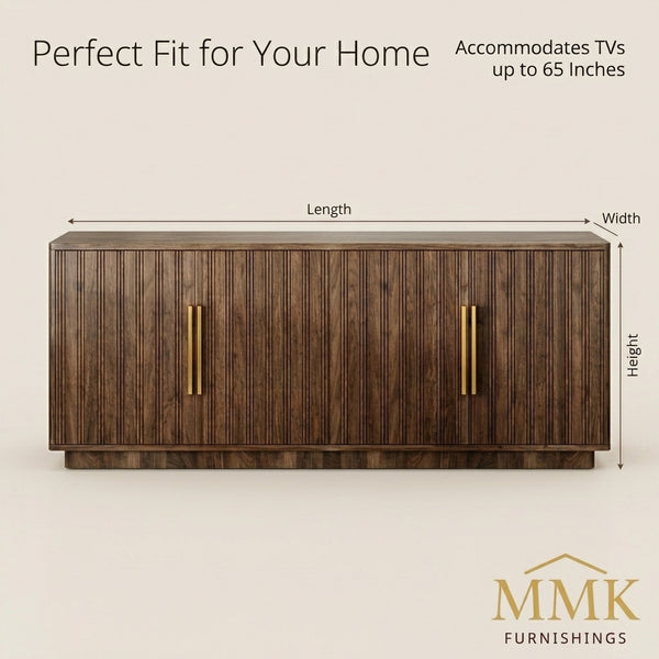 Premium Modern Fluted Walnut TV Stand & Media Console with Gold Hardware