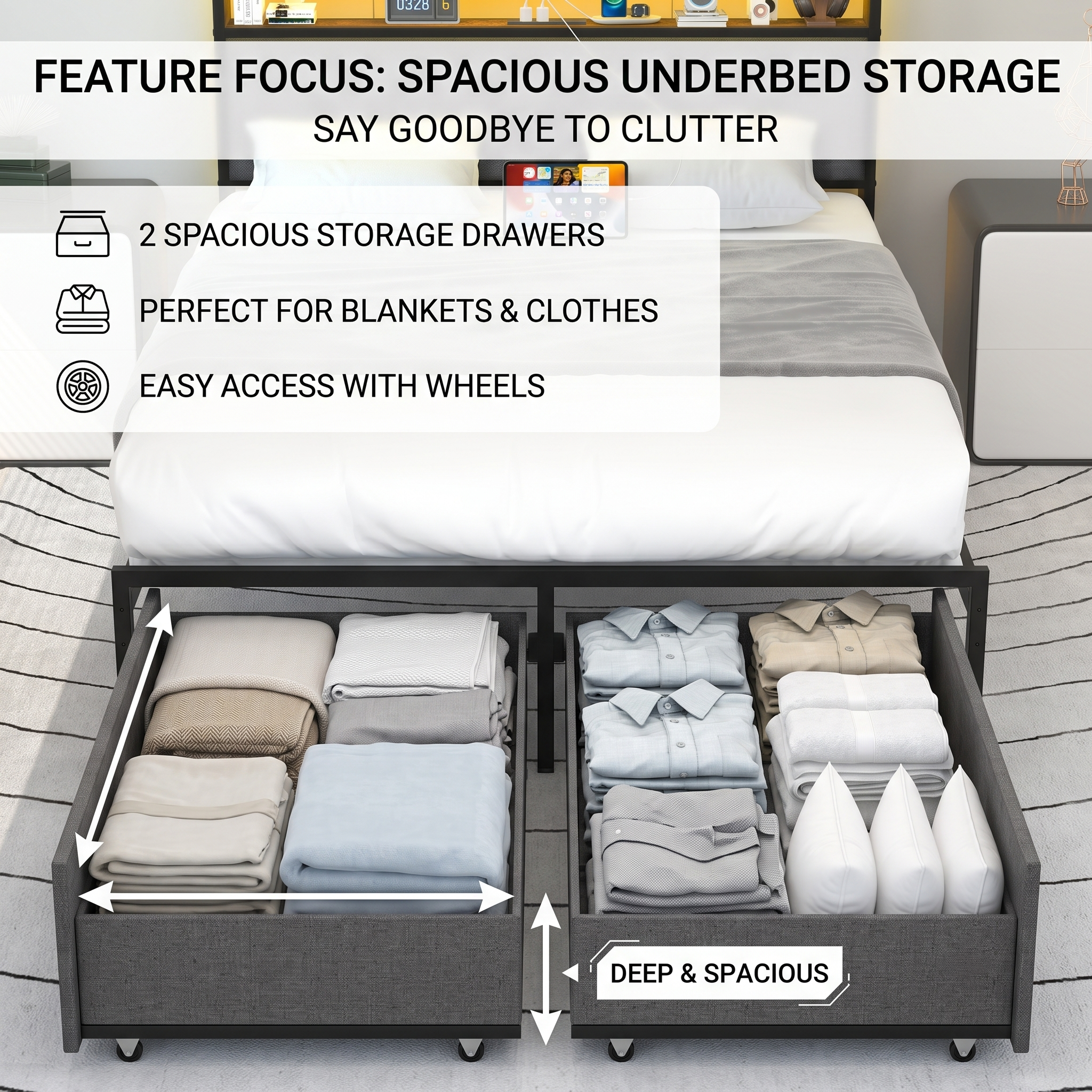 Modern Rustic Full Size Upholstered Bed Frame with LED Lights, Charging Station & 2 Storage Drawers