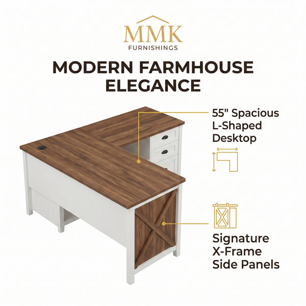 Premium 55" Two-Tone Farmhouse L-Shaped Home Office Desk with Lift Mechanism & Storage