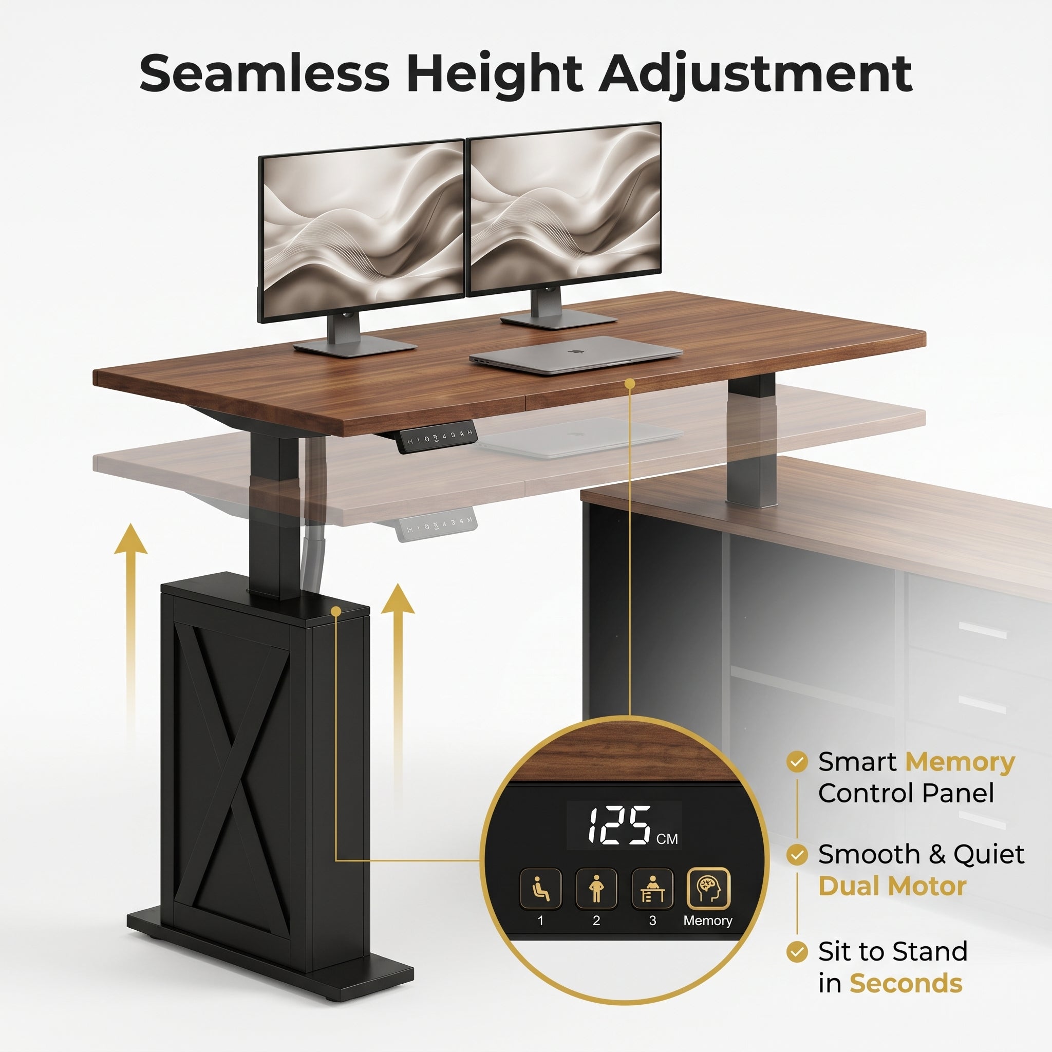 Premium 55" Two-Tone Farmhouse L-Shaped Standing Desk with Lift Mechanism & Storage